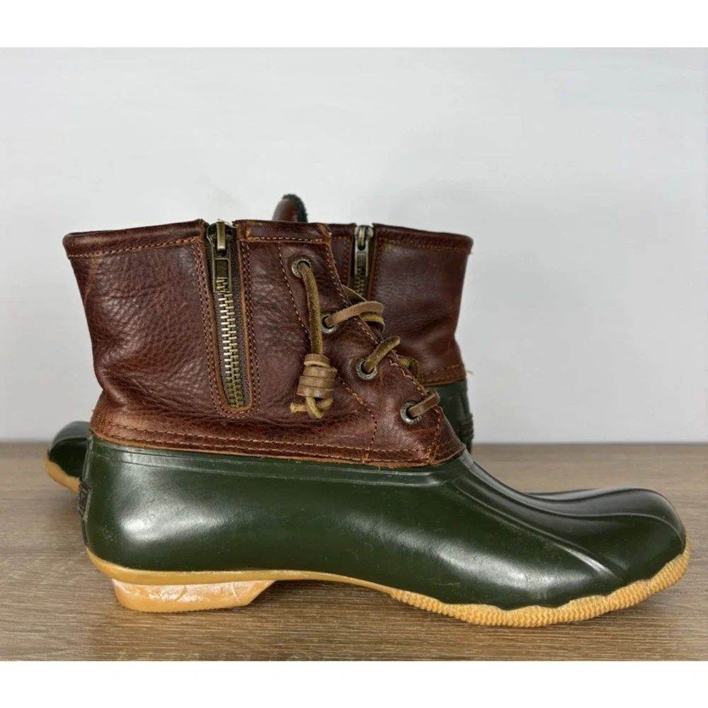 Sperry Top-Sider Duck Boots Womens 7 Brown Leather Green Waterproof Fleece Zip